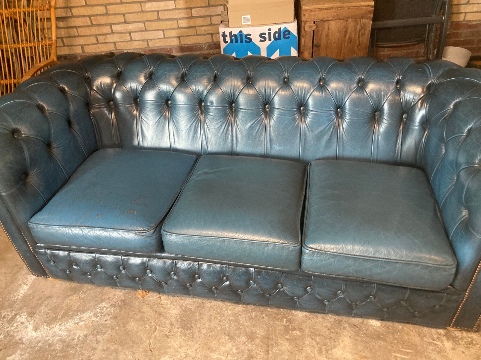 Leren bank Chesterfield jeansblauw, Ophalen, Gebruikt, 150 tot 200 cm, Driepersoons