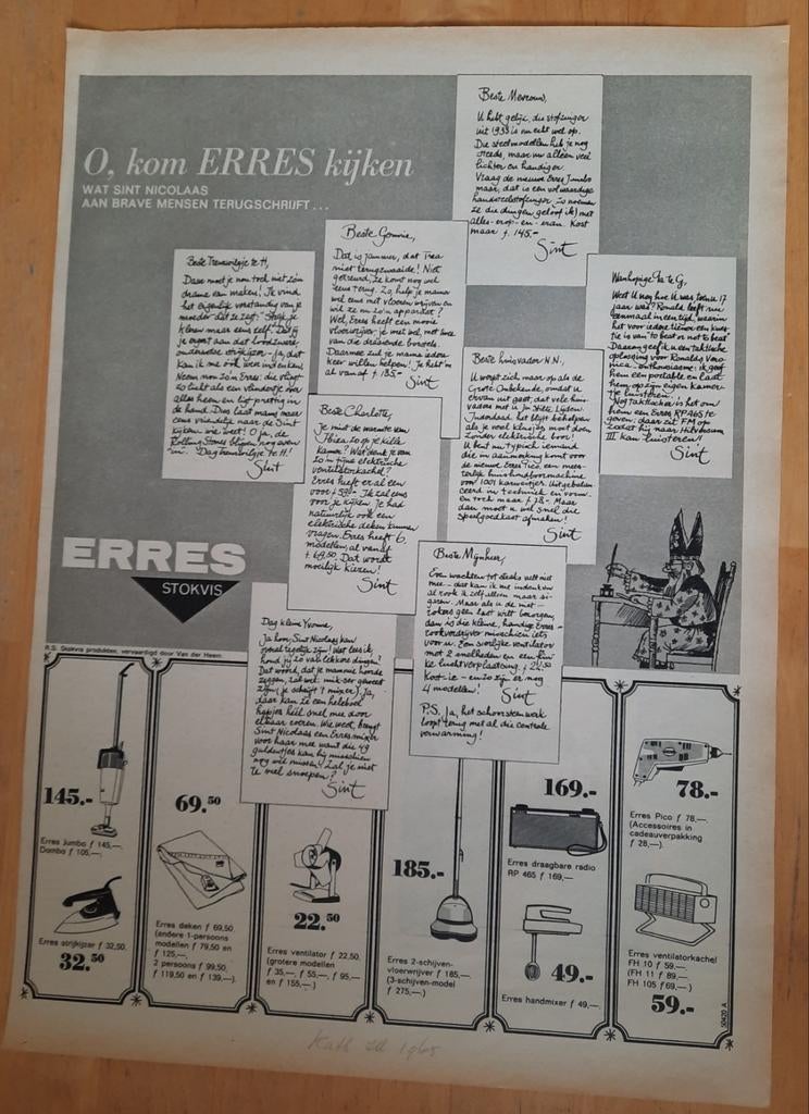 Sinterklaas advertentie - ERRES - uit Tijdschrift 1965, Ophalen of Verzenden, 1960 tot 1980, Knipsel(s)