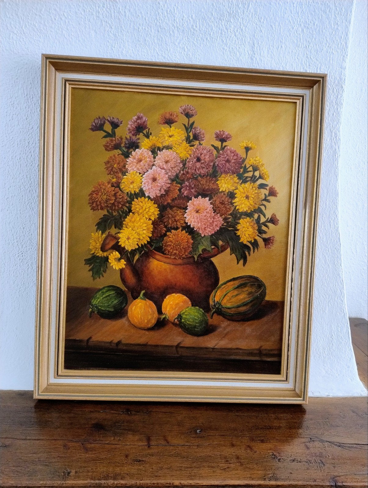 Olieverf Schilderij Bloemen Stilleven in Gouden Lijst, Ophalen, Doek, Stilleven, Olieverf