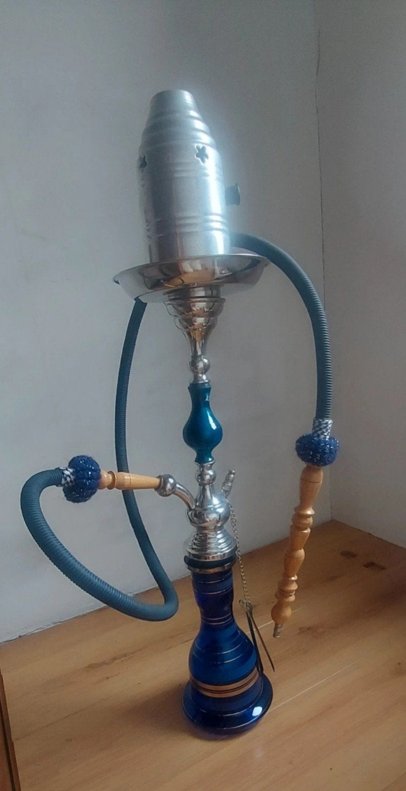 Blauwe waterpijp met twee slangen, Ophalen of Verzenden, Gebruikt, (Water)pijp