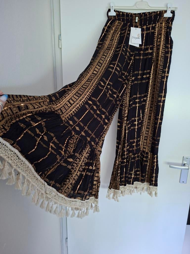 Nieuwe Siya Boho Broek One Size met Kwastjes, Maat 38/40 (M), Siya, Zwart, Nieuw