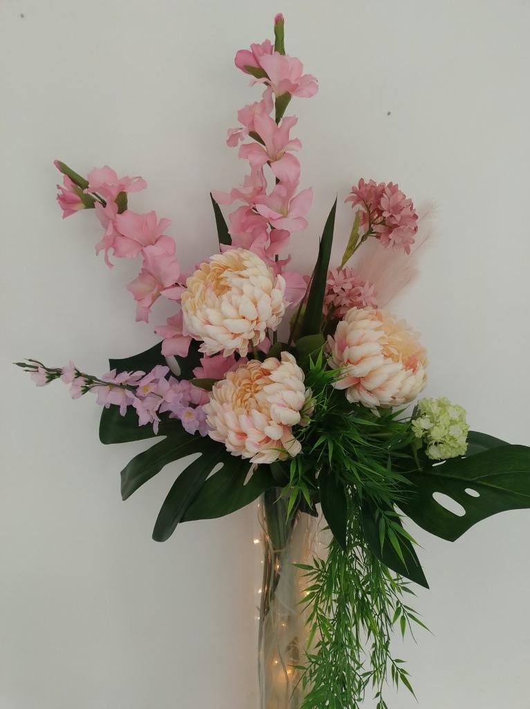 Grote unieke vaas met kunstbloemen en verlichting, Ophalen, Overige kleuren, 75 cm of meer, Glas