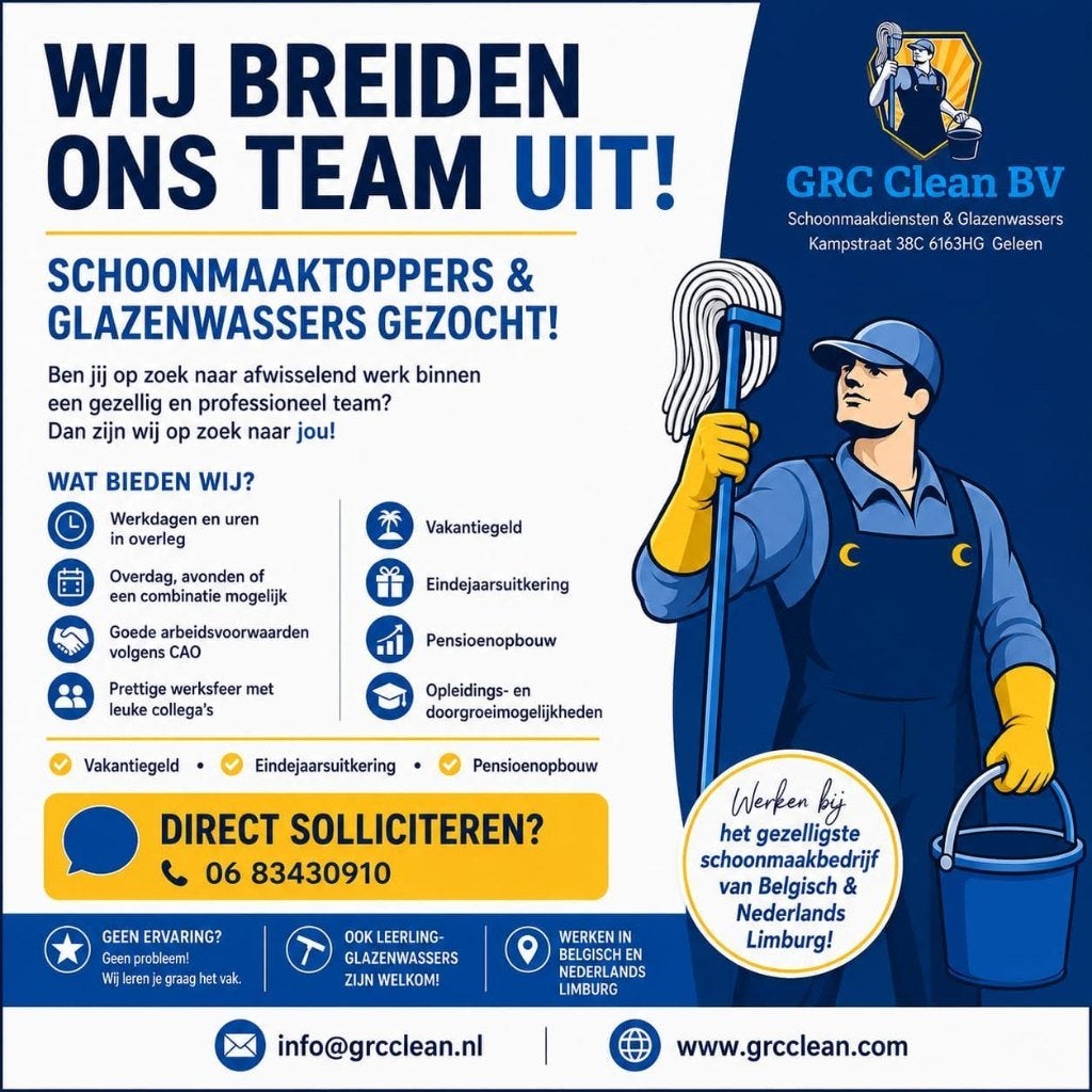 Schoonmaak vacature Geleen bij GRC Clean BV, Tot en met 24 uur, LBO / VMBO, Starter, Vast contract