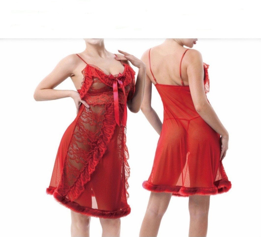 Sexy Babydoll met Kant en Bontdetails - L., Ophalen of Verzenden, Rood