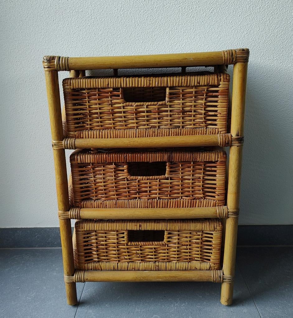 Vintage rotan ladekastje met 3 laden, Huis en Inrichting, Ophalen, Overige materialen, Minder dan 50 cm, Gebruikt