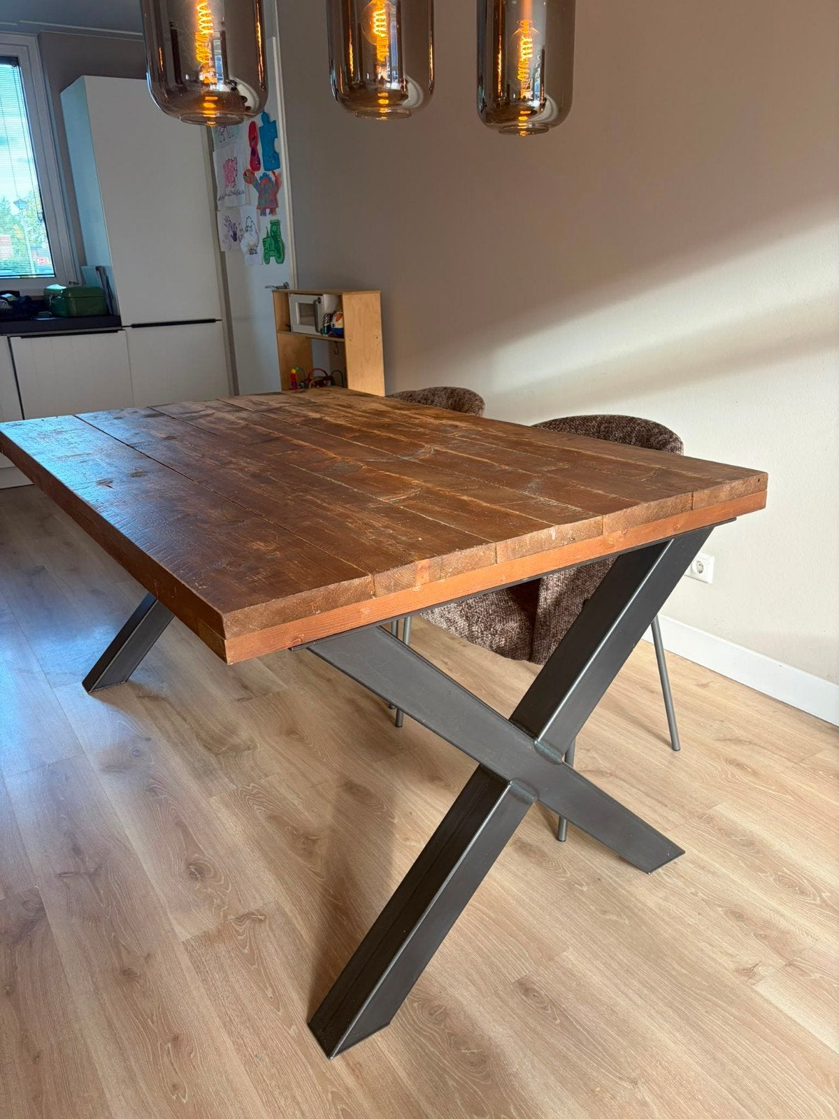 Eettafel met gepoedercoate stalen poten (100/160), Huis en Inrichting, Overige houtsoorten, Gebruikt, 150 tot 200 cm, Rechthoekig