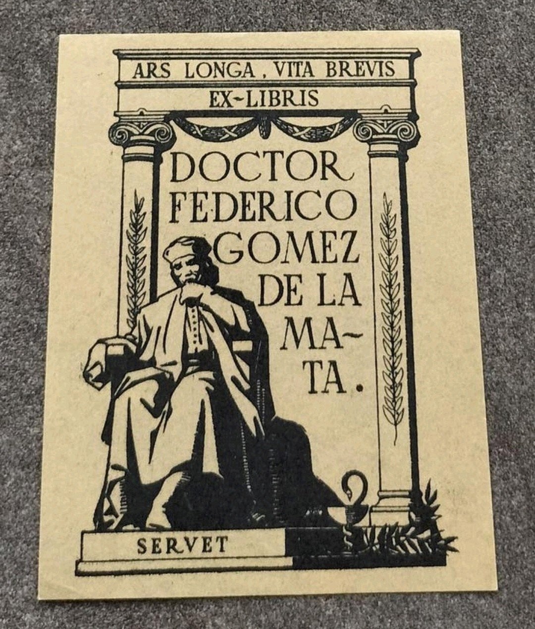 Exlibris Doctor Federico Gomez de la Mata (esculaap, Servet), 7 cm, 9 cm, Origineel, 1900 - 1949