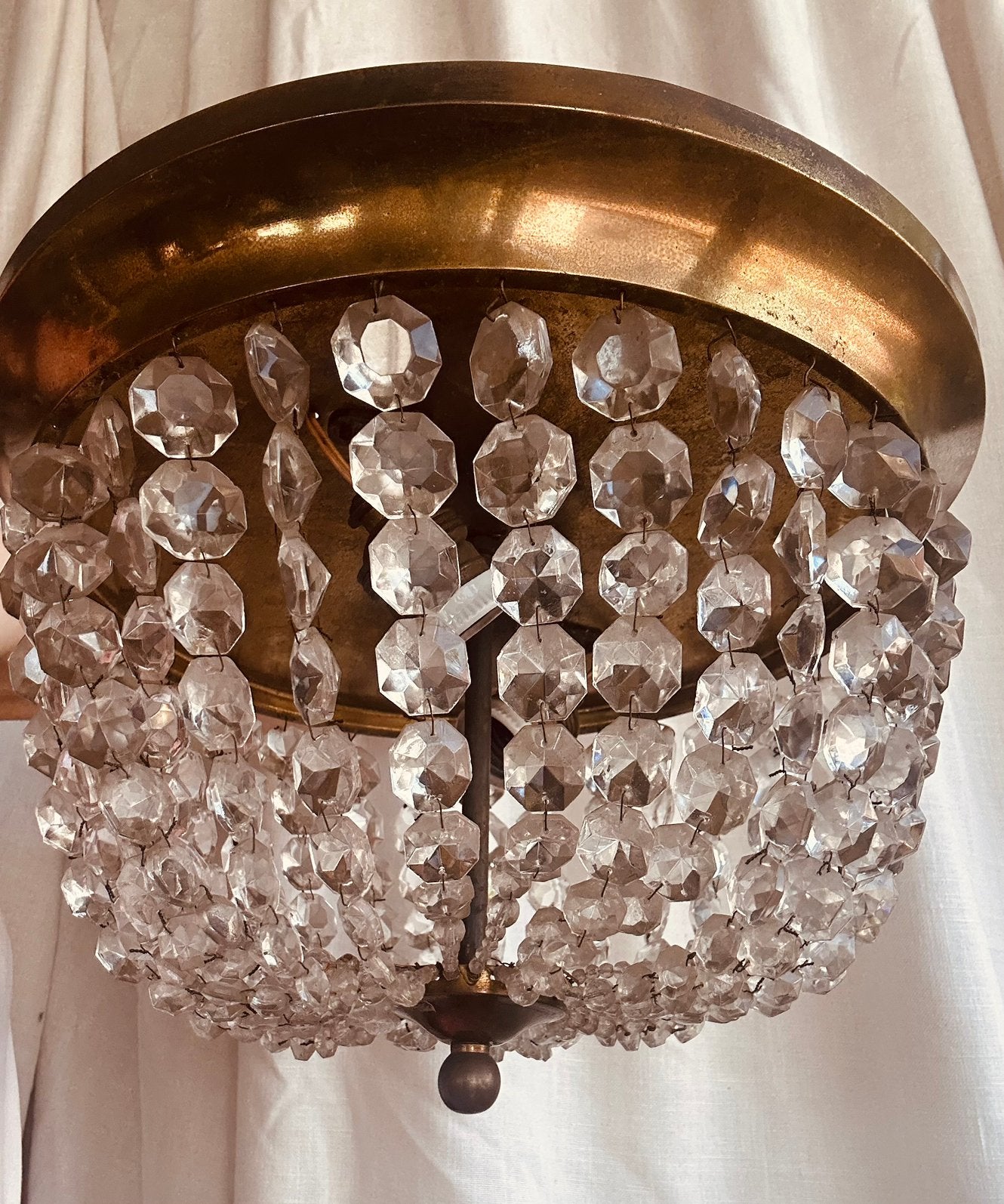 Plafonniere Kristal Messing Strengen Kristallen, Huis en Inrichting, Lampen | Plafondlampen, Ophalen, Gebruikt, Glas, Nvt