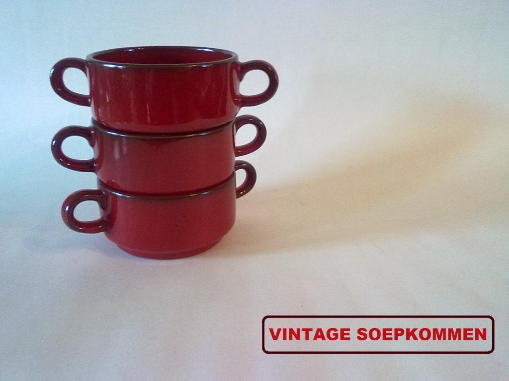 Retro Vintage rode soepkommen soepkom servies jaren 70, Ophalen, Gebruikt, Keramiek, Vintage