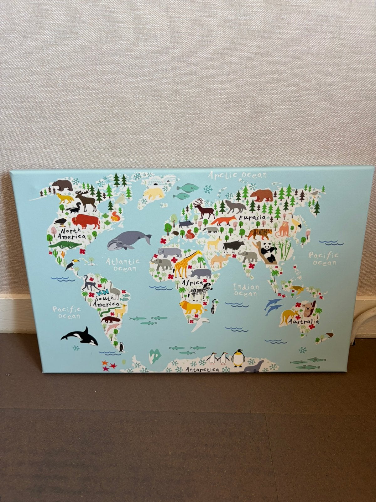 Canvas kinder landkaart dieren 60 x 40 cm, Ophalen, Zo goed als nieuw, Schilderij