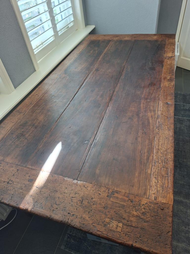 Antieke franse boeren eetkamertafel, Ophalen, Gebruikt, Eikenhout, 200 cm of meer