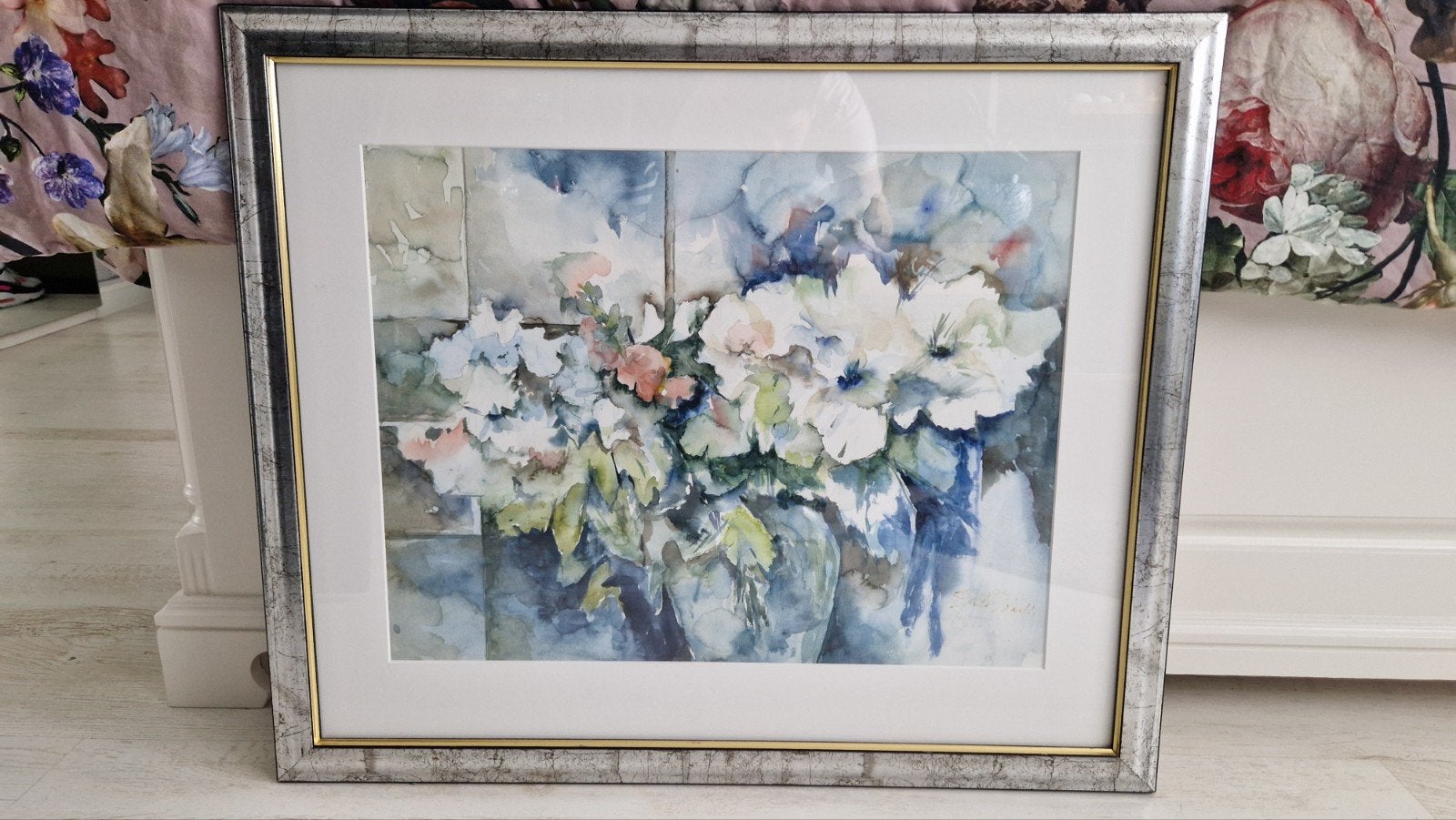 Aquarel bloemen in houten lijst - 82x69 cm, Ophalen, Tekening, Aquarel, Achter glas