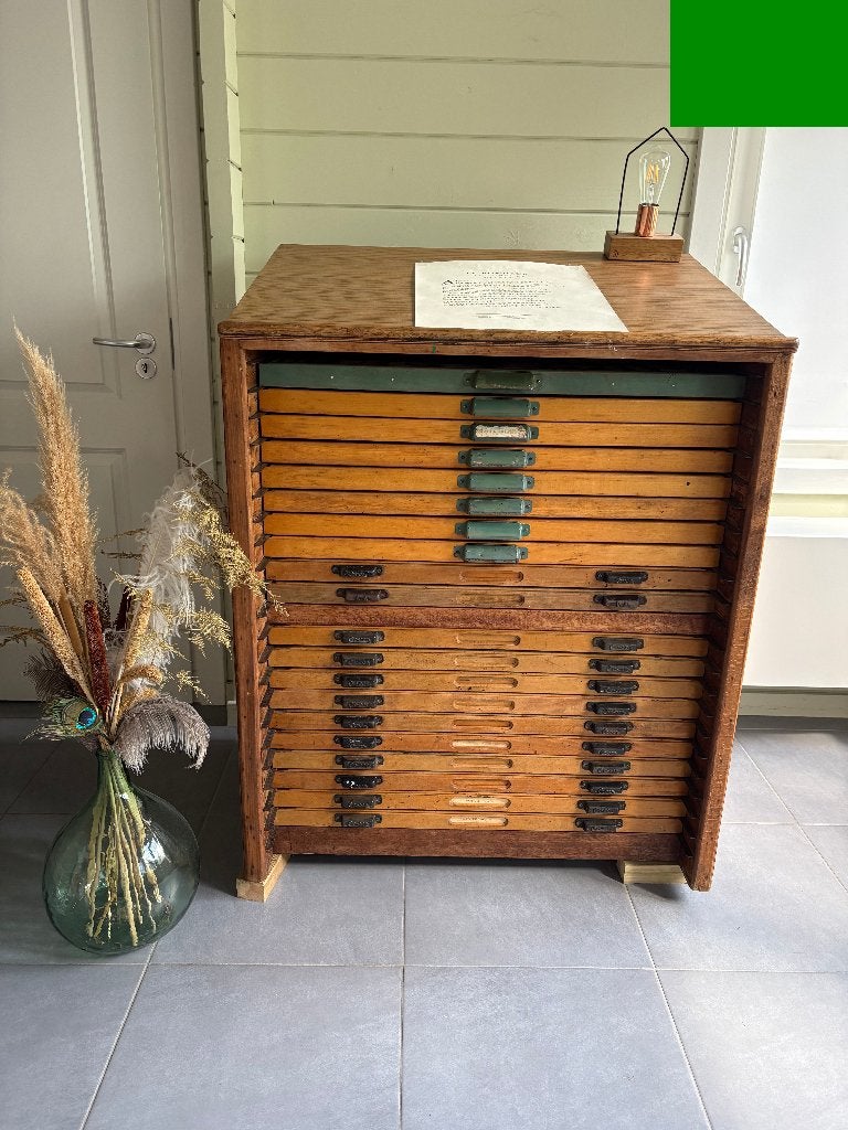 Vintage industriële houten ladekast (ca.1947), Gebruikt, 5 laden of meer, 100 tot 150 cm, 50 tot 100 cm