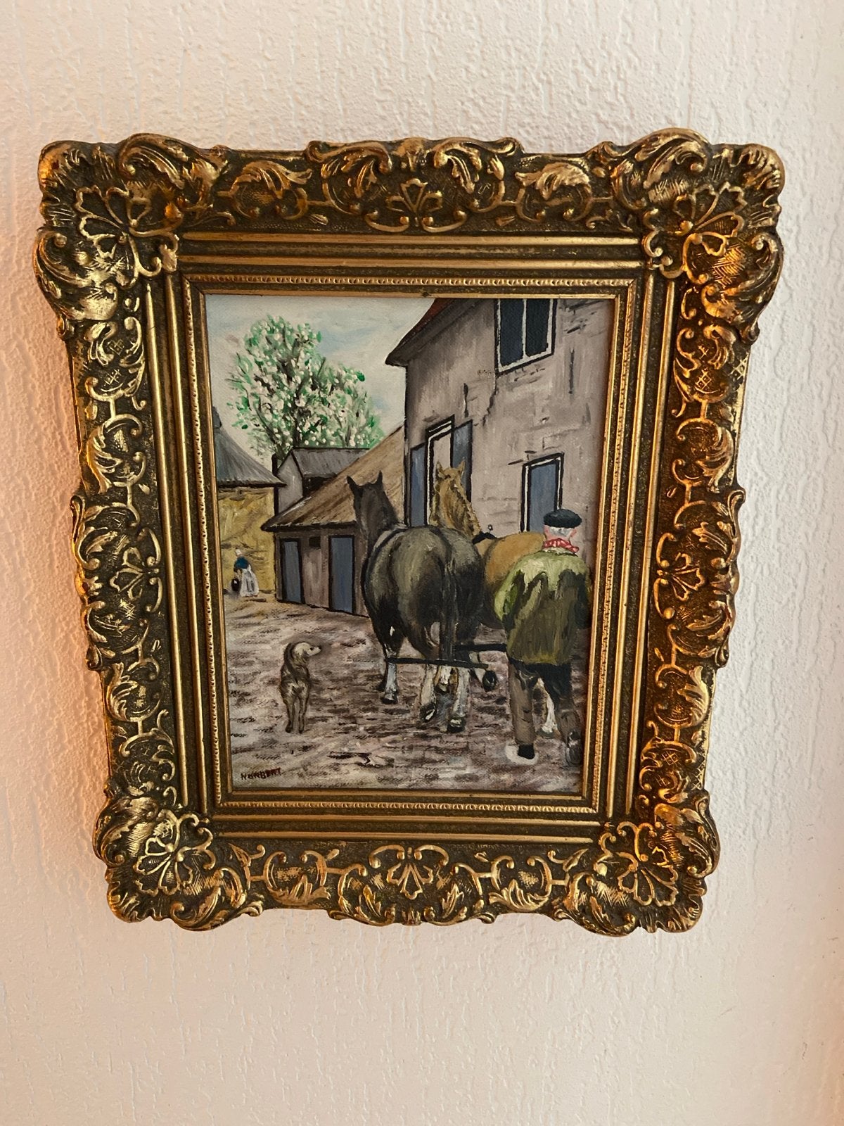 Oud Hollands tafereel met paarden en figuren, Ophalen, Paneel, Oud hollands, Gesigneerd
