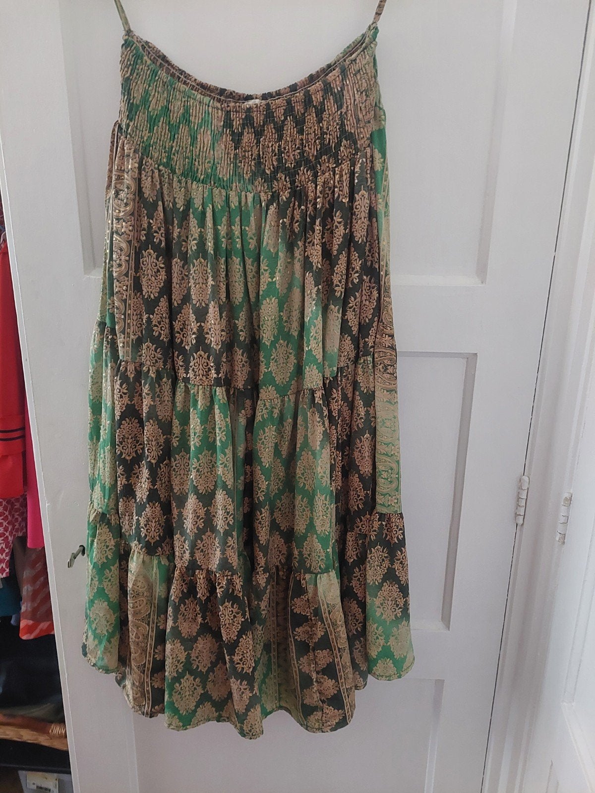 Boho maxi rok met print - Groen/Bruin universele maat, Ophalen, Maat 42/44 (L), Zo goed als nieuw, Bohemian
