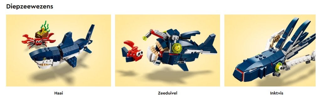 Lego Diepzeedieren 3 in 1 (31088): zeeduivel, haai, inktvis, Ophalen, Lego, Compleet, Zo goed als nieuw