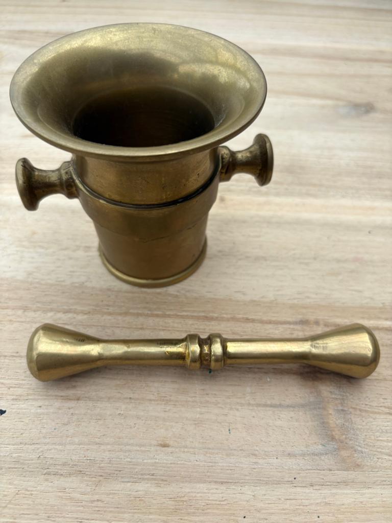 Antieke messing vijzel met stamper, Ophalen of Verzenden