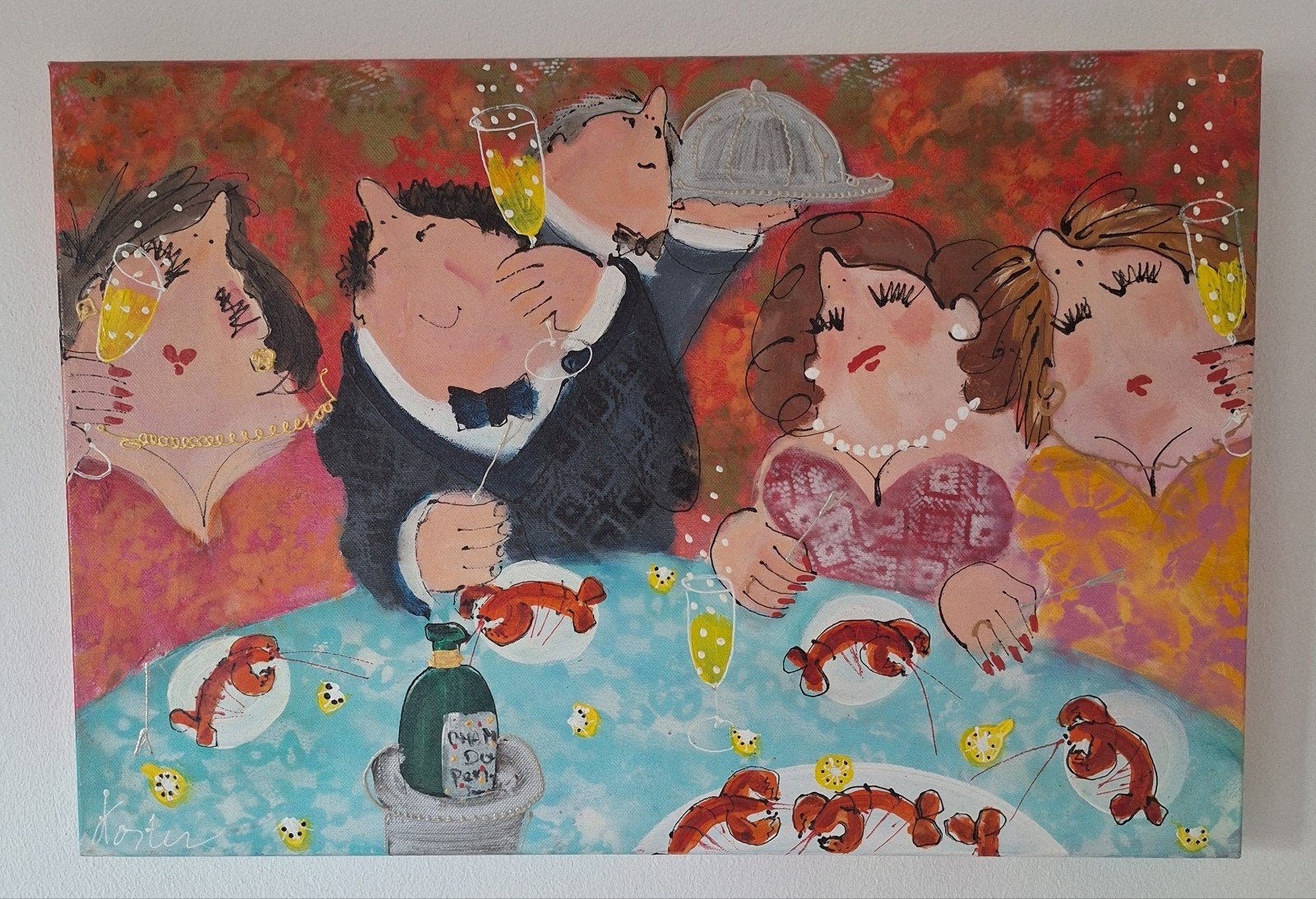 Schilderij Karina Koster - Diner met kreeft en champagne, Ophalen of Verzenden, Handgeschilderd, Textiel, Figuren