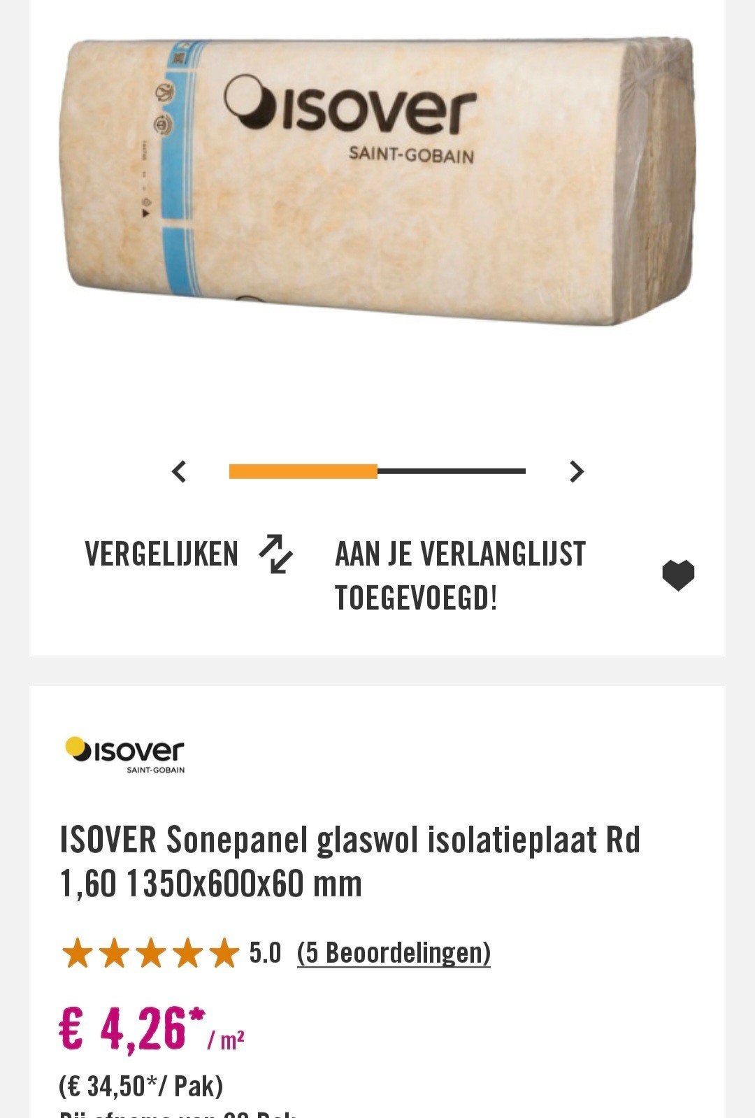 ISOVER Sonepanel glaswol isolatieplaat Rd 1,60, 12 cm of meer, Nieuw, Glaswol, Ophalen