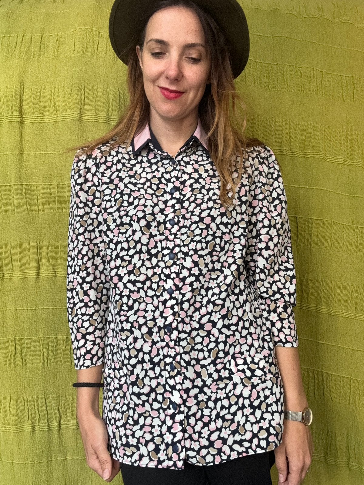 Vintage blouse met zakken - print - blauw - 40/L, Maat 38/40 (M), Hgv, Blauw, Hgv
