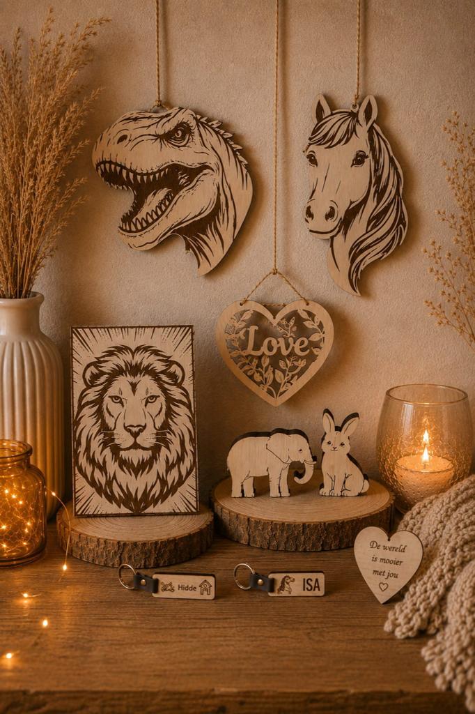 Houten dierenkop (30x30 cm)(dino, paard, leeuw, olifant), Ophalen of Verzenden, Bruin, Overige materialen