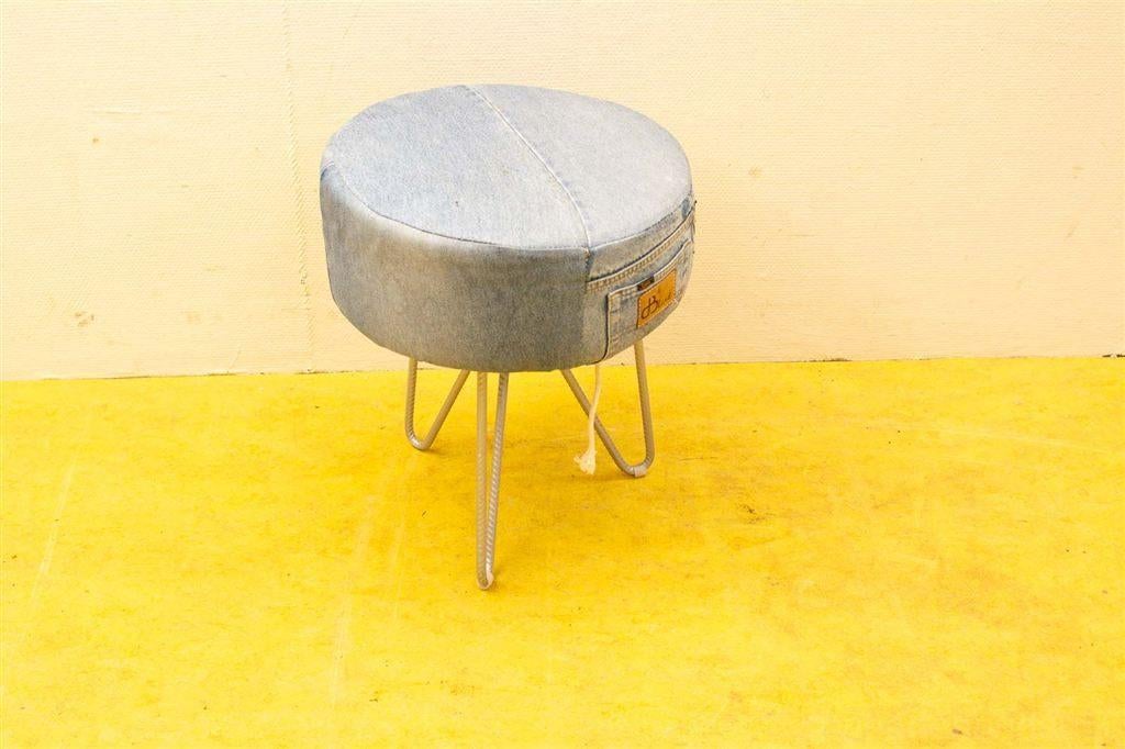 Poef van spijkerstof 31753, Minder dan 50 cm, Gebruikt, 125 cm of meer, Rond