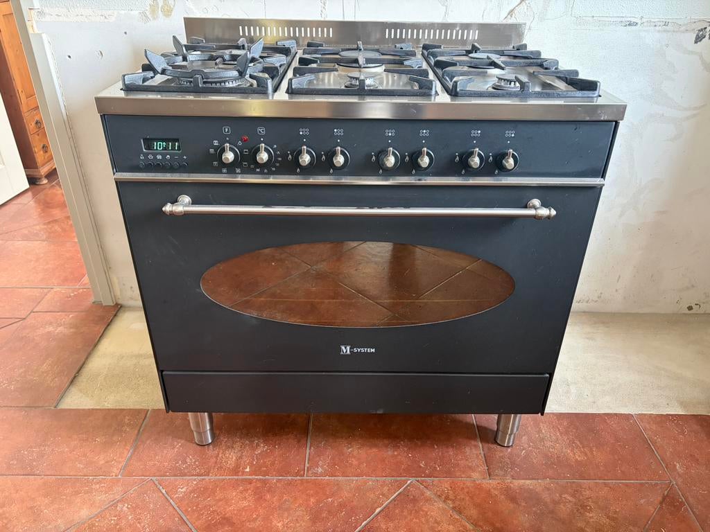 90 cm gasfornuis met electrische oven, Ophalen, Gebruikt, Hete lucht, 60 cm of meer
