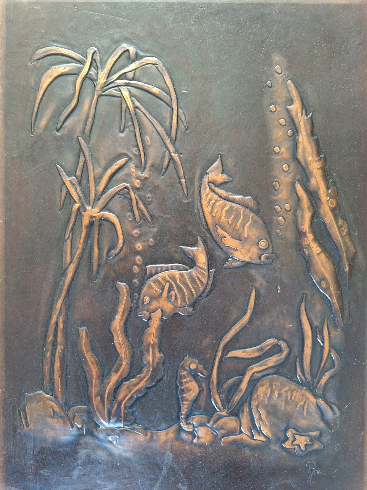 Prachtig koperen wandplaat met afbeelding aquarium., Ophalen of Verzenden, Koper