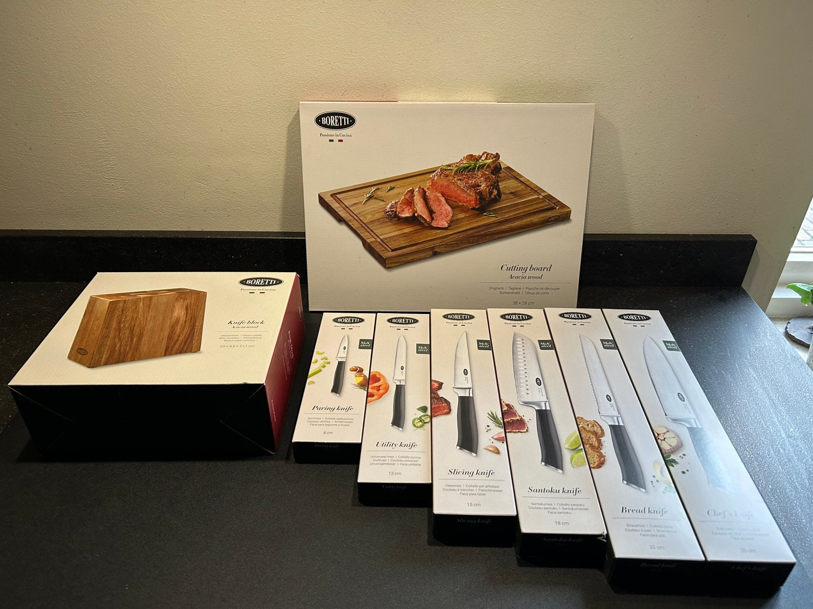 Boretti messenset + blok + snijplank, Verzenden, Nieuw