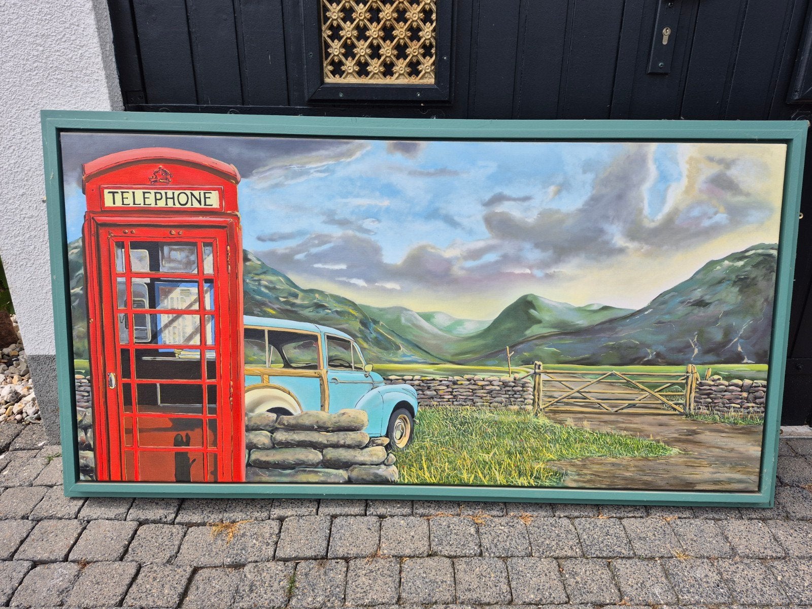 Engelse telefooncel en Morris Minor op doek J.Breedveld, Antiek en Kunst, Ophalen