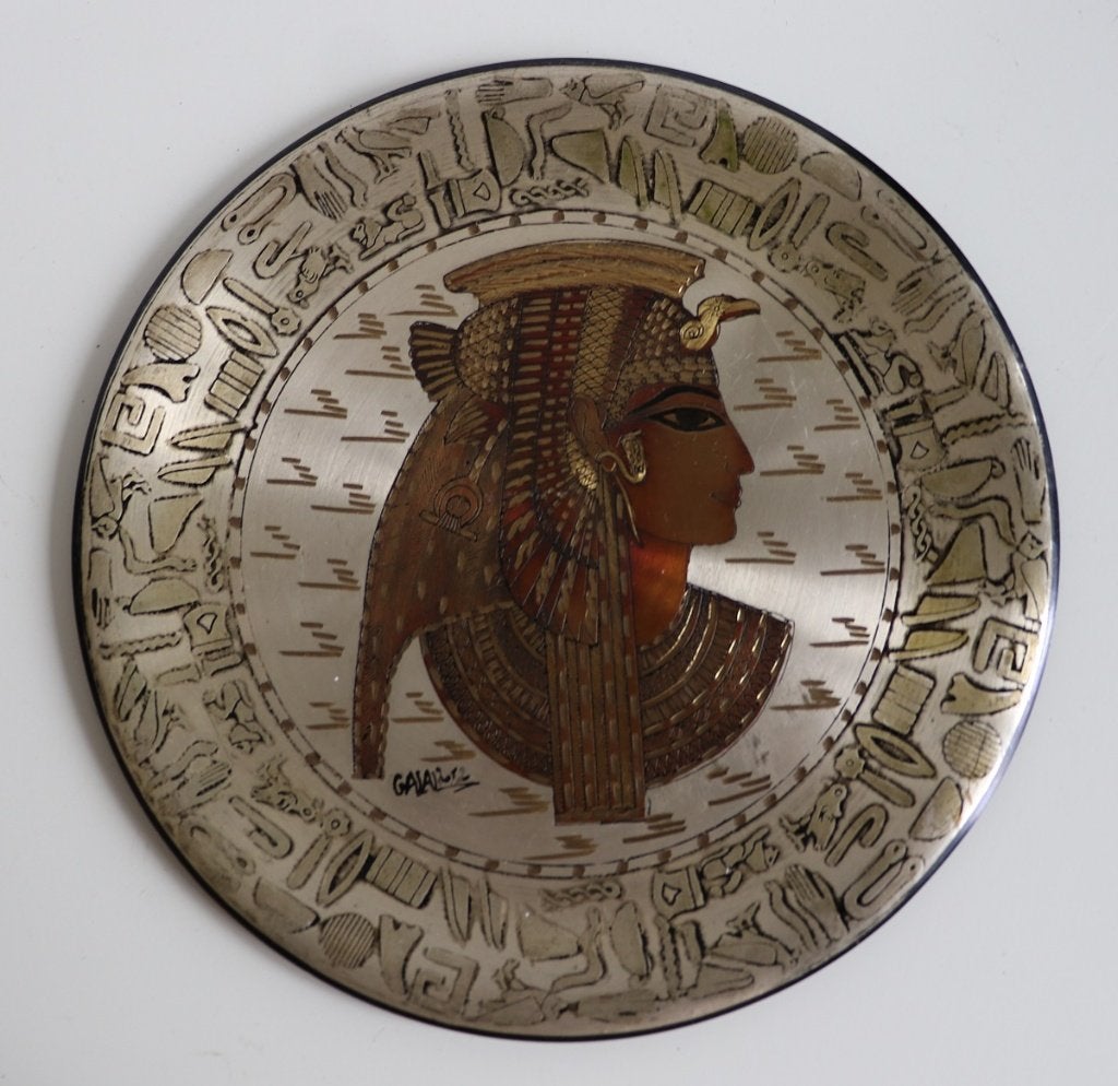 Metalen wandbord met Egyptische afbeelding Cleopatra, Metaal, Gebruikt, 20 cm, Ophalen of Verzenden