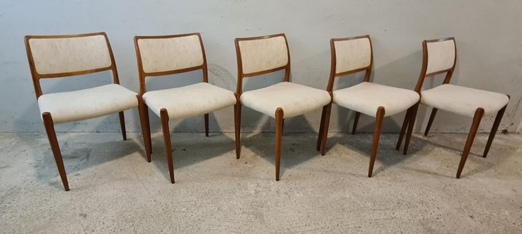 5 Vintage, design stoelen. Niels O. Møller Danmark Model 80, Ophalen, Vijf, Zes of meer stoelen, J.L. Møller Models