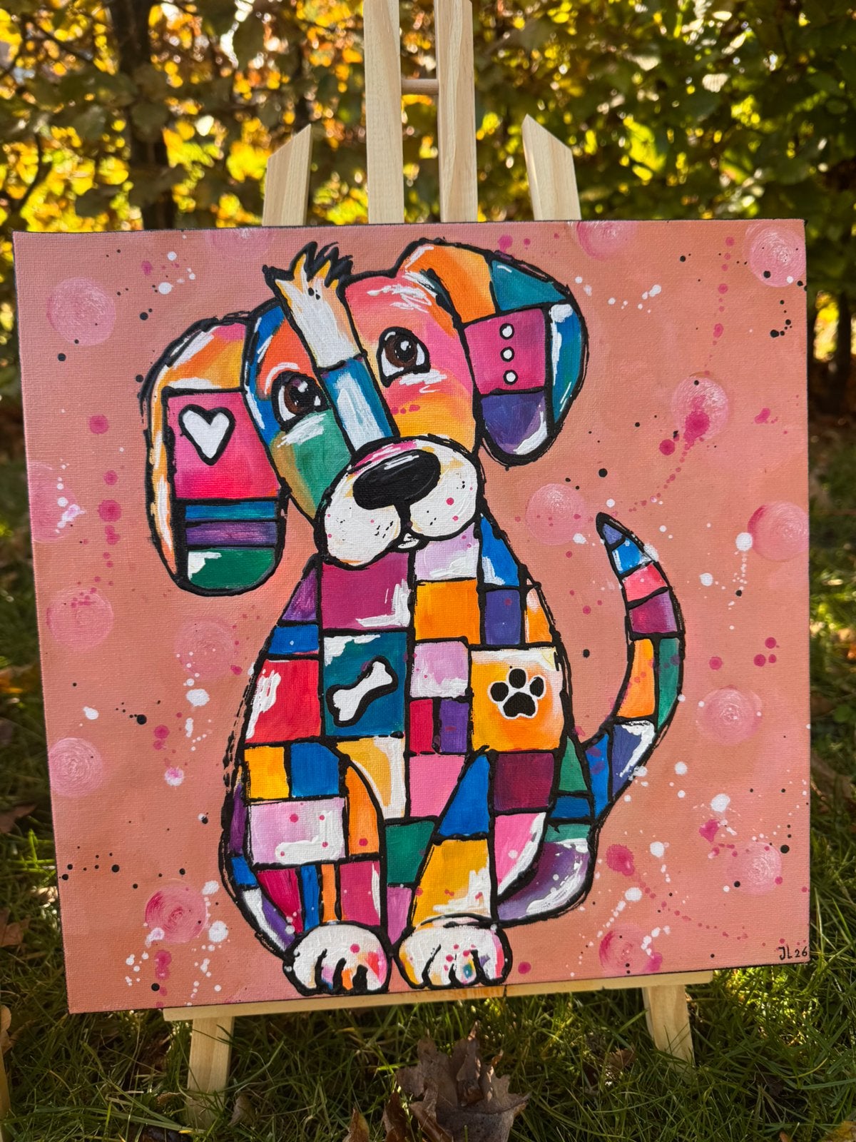 Mondriaan kleuren stijl, honden schilderij, Ophalen
