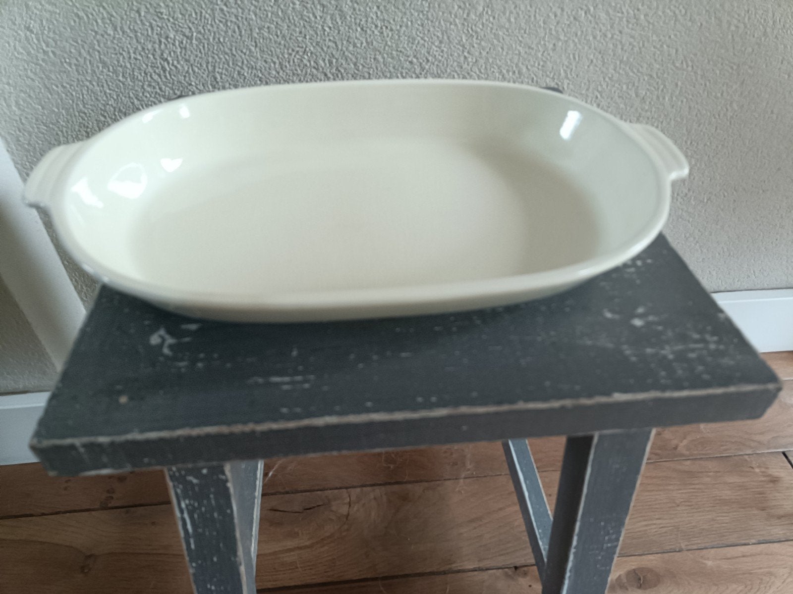 Ovale ovenschaal/serveerschaal van keramiek, crème, Gebruikt, Porselein of Keramiek, Schaal, Ophalen of Verzenden