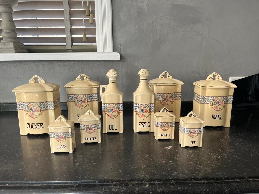 Brocante voorraadpotten koffie/kruiden, Huis en Inrichting, Ophalen, Gebruikt, Steen/keramiek, Brocante