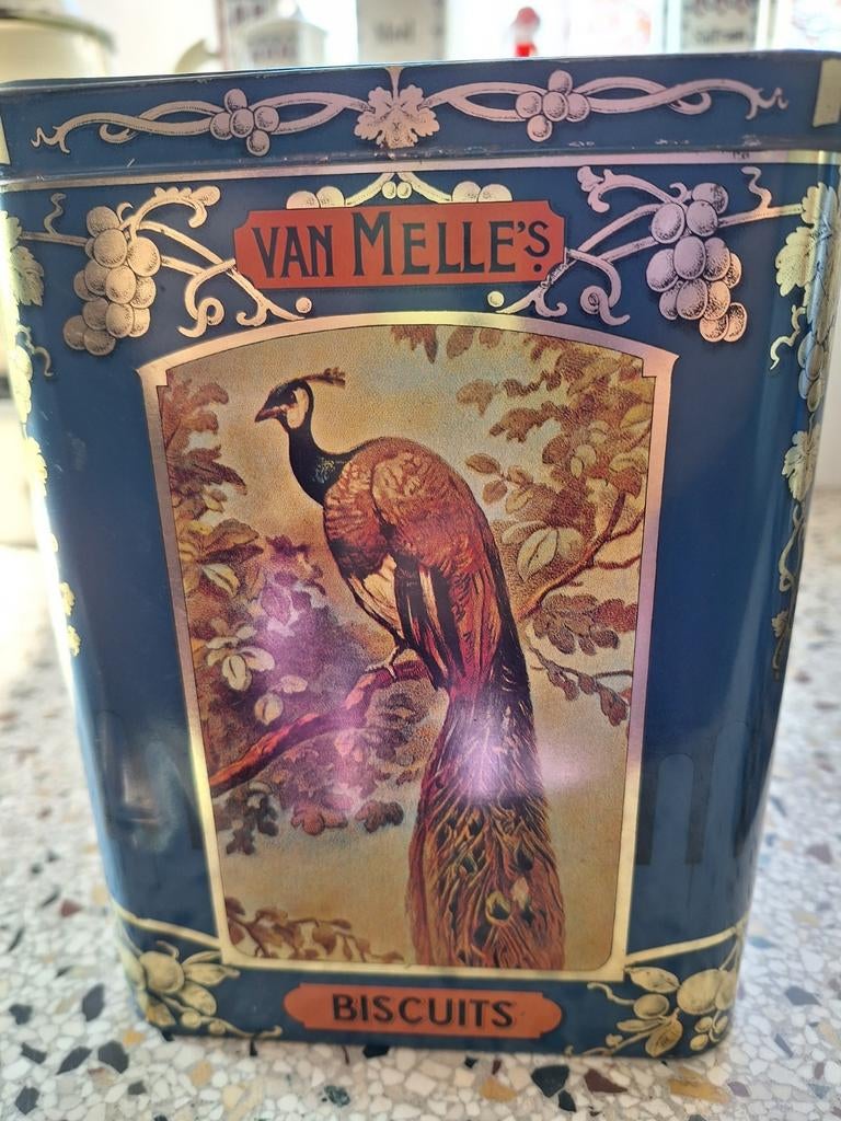 Vintage Van Melle's Biscuits Blik met Pauw en Papegaai, Verzamelen, Blikken, Ophalen of Verzenden, Gebruikt, Koek(jes), Overige merken