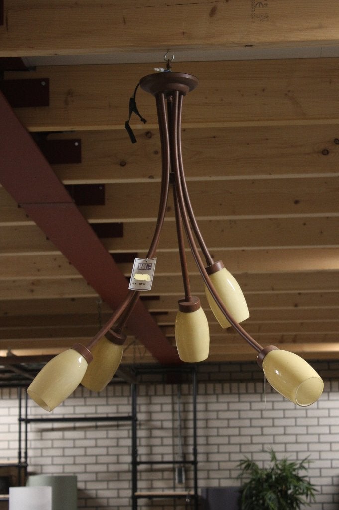 Klassieke hanglamp metaal & glas 5- arms pendant, Ophalen, Klassiek retro, E27 (groot), Zo goed als nieuw