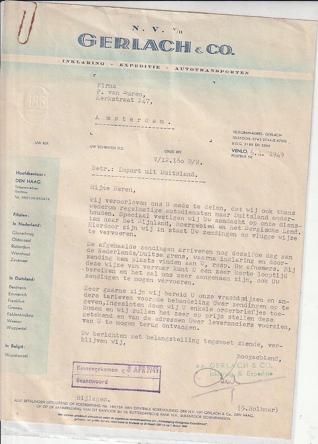 Gerlach expeditie  factuur 1949  Den Haag Zevenaar Rotterdam, Ophalen of Verzenden, Zo goed als nieuw, Overige typen