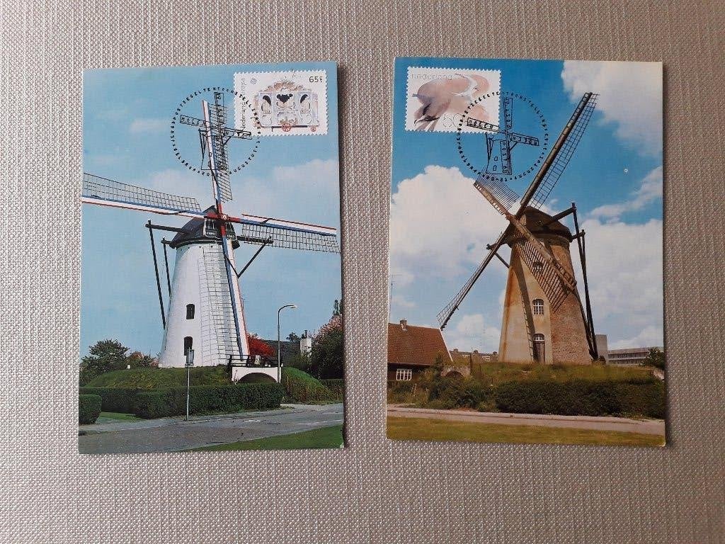 2 kaarten met molens Geldrop tgv postzegeltentoonstelling, Ophalen, 1980 tot heden, Ongelopen, Noord-Brabant
