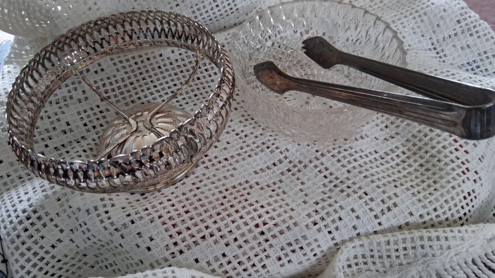 Brocante Glazen Suikerpot met zilverkleurig Houder en Tang, Antiek en Kunst, Ophalen of Verzenden