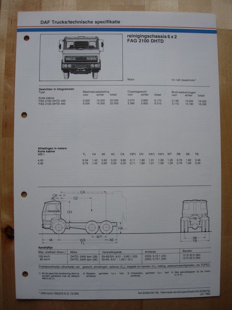 DAF FAG 2100 DHTD Technische Specificatie Folder 1982 – 6x2, Ophalen of Verzenden, Zo goed als nieuw, Overige merken, DAF