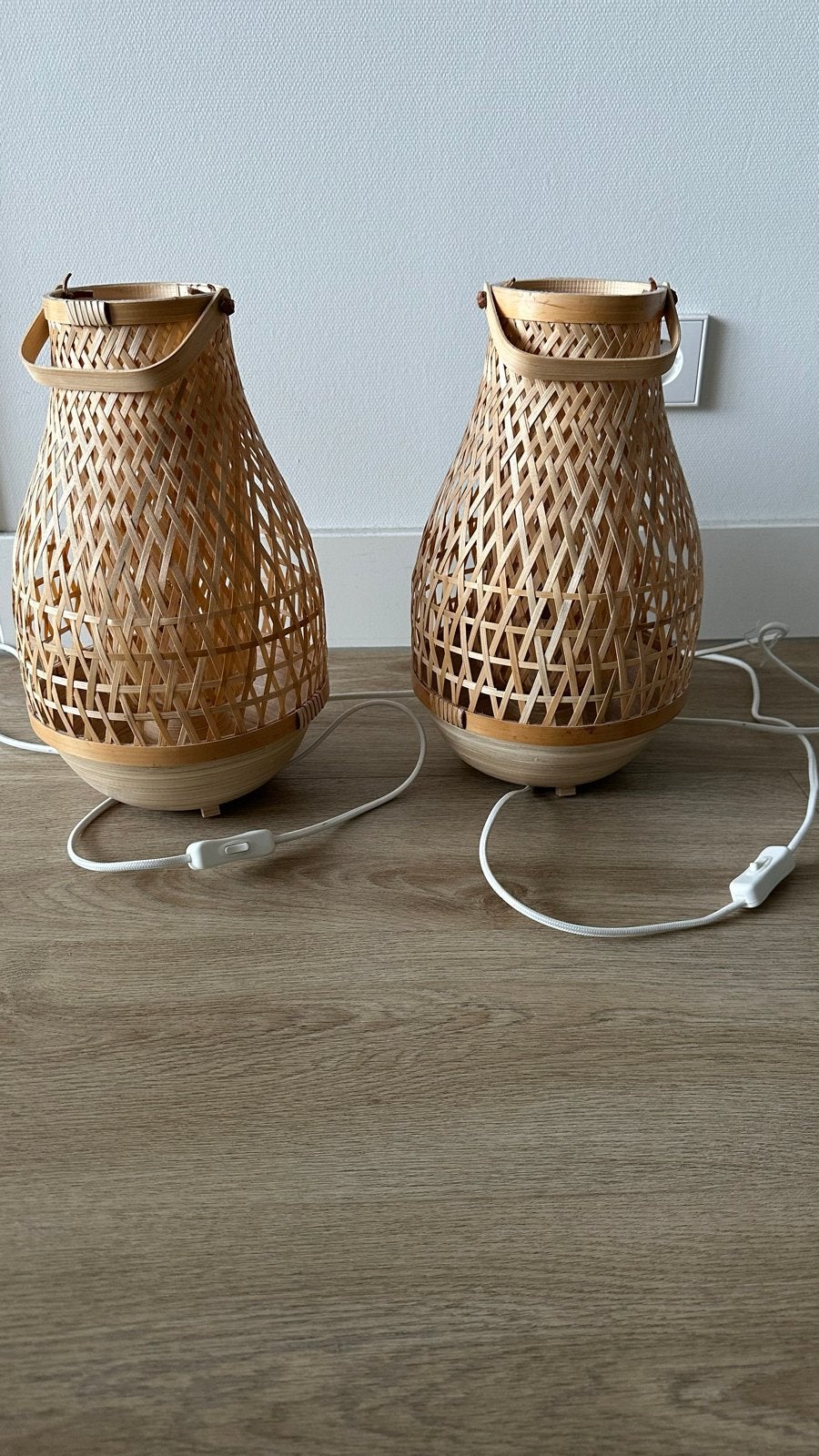 Set van 2 bamboe tafellampen met handschakelaar, 36cm, Ophalen, Gebruikt, Natuurlijk materiaal, E27 (groot)