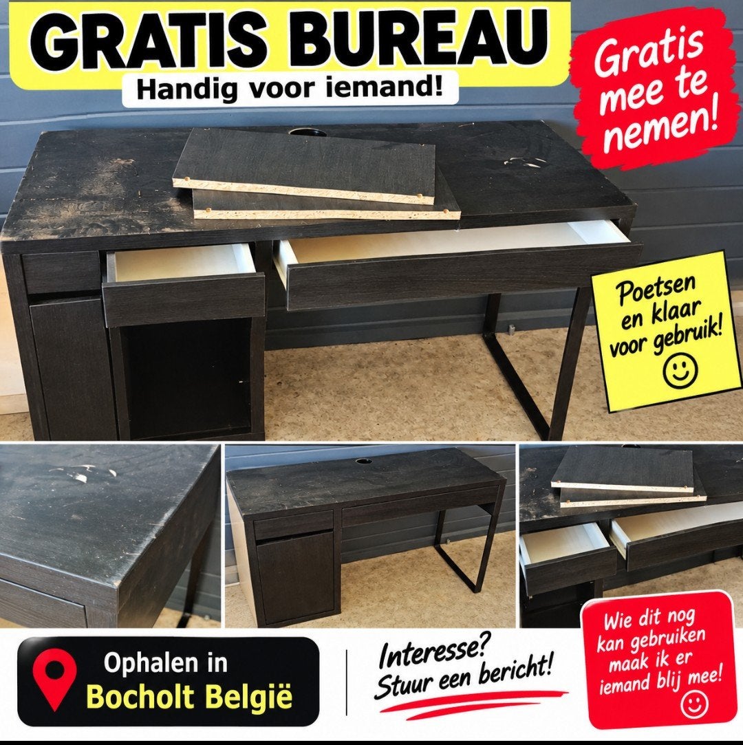 Gratis bureau met lades - Ophalen in Bocholt België, Huis en Inrichting, Ophalen, Gebruikt, Spaanplaat of MDF, Overige merken