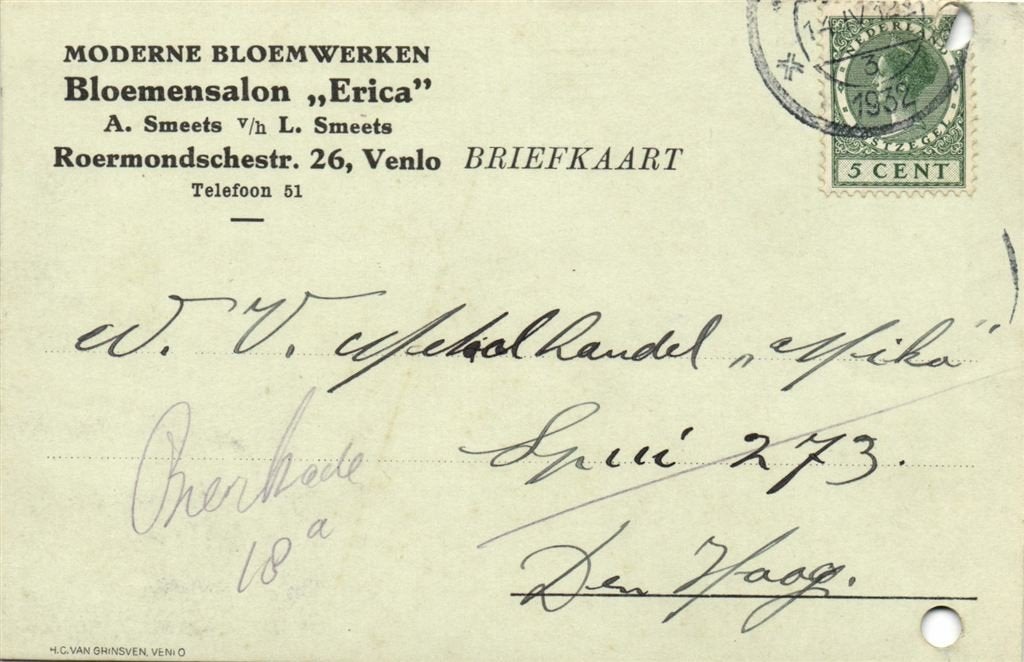 Bloemensalon Erica, Venlo - 04.1932 - briefkaart, Postzegels en Munten, Ophalen of Verzenden, Briefkaart