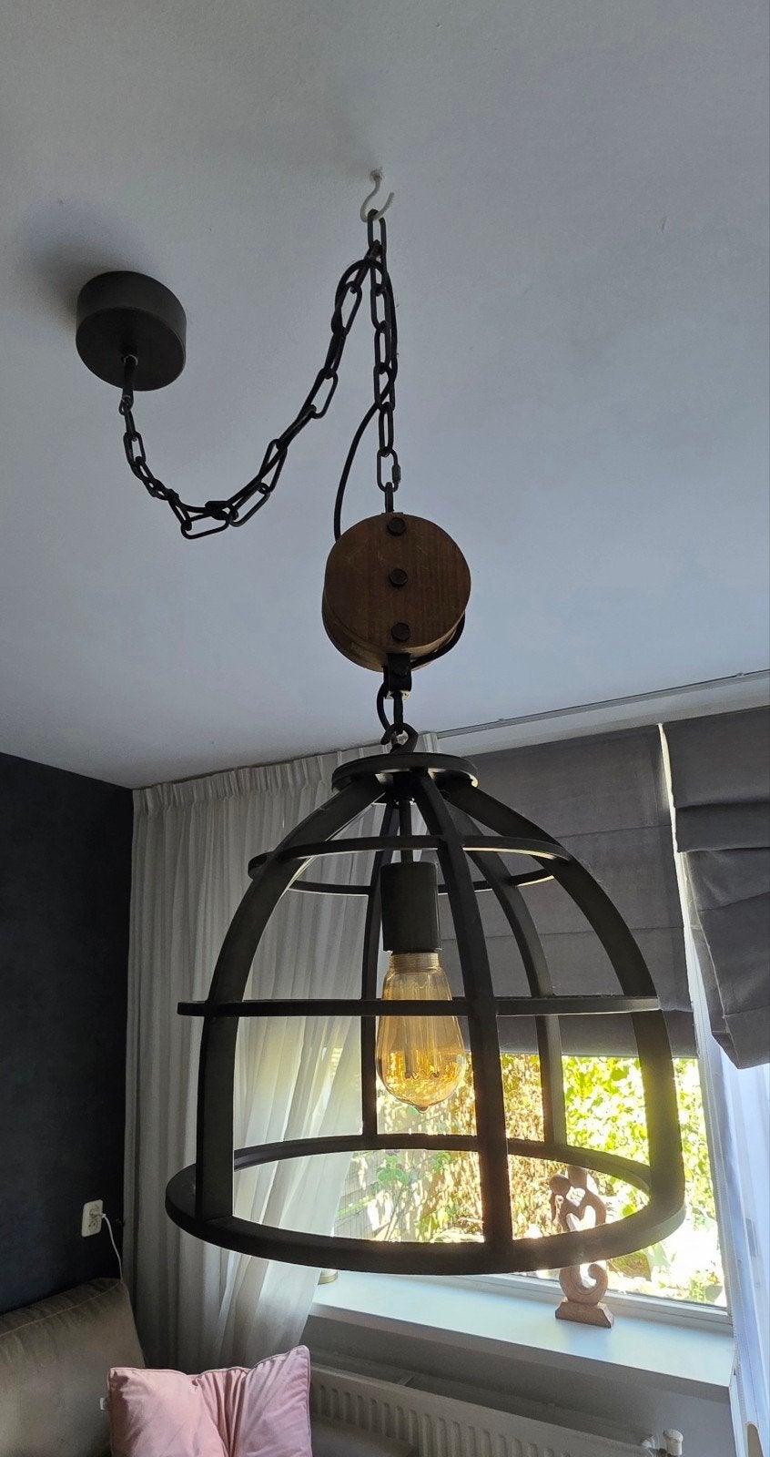 Industriële hanglamp met katrol, Ophalen, Industrieel, Vintage, Loft, E27 (groot), Zo goed als nieuw