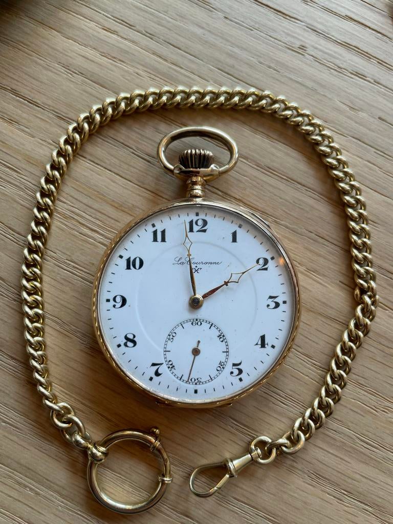 La Couronne 14k zakhorloge +14k massieve ketting, Sieraden, Tassen en Uiterlijk, Antieke sieraden, Ophalen of Verzenden, Goud
