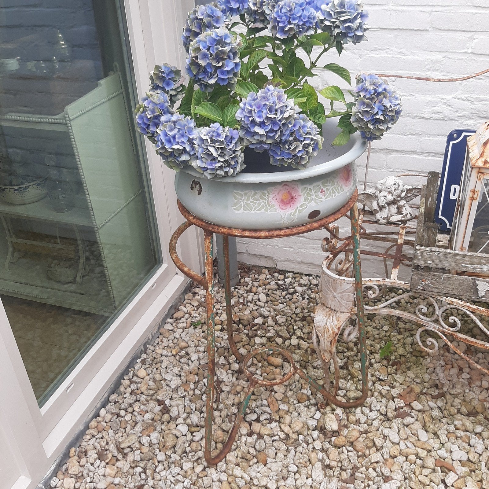 Vintage geëmailleerde plantenbak met standaard, Antiek en Kunst, Ophalen