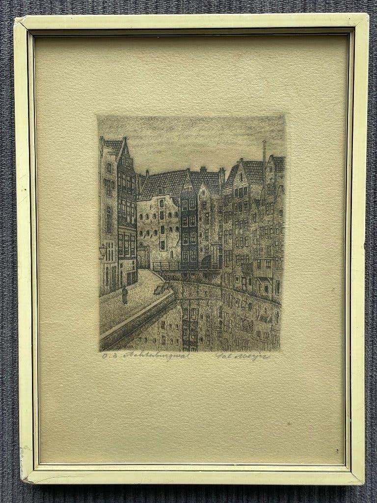 Ets Oudezijds Achterburgwal Sal Meijer, Ets, Stadsgezicht, 1900 - 1949, Gesigneerd