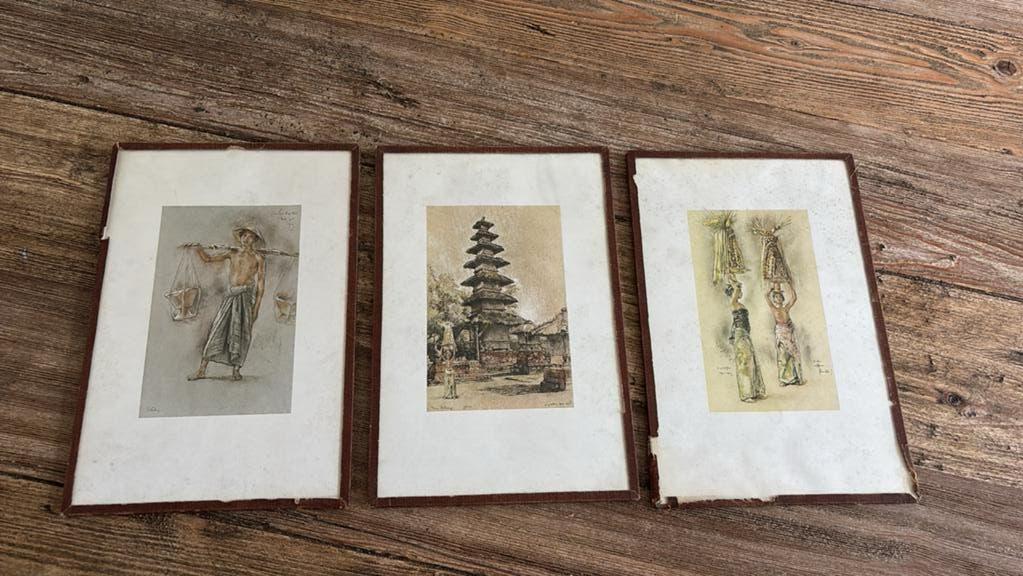 3 antieke Balinese tekeningen, schilderij  W.G. Hofker, Ophalen of Verzenden
