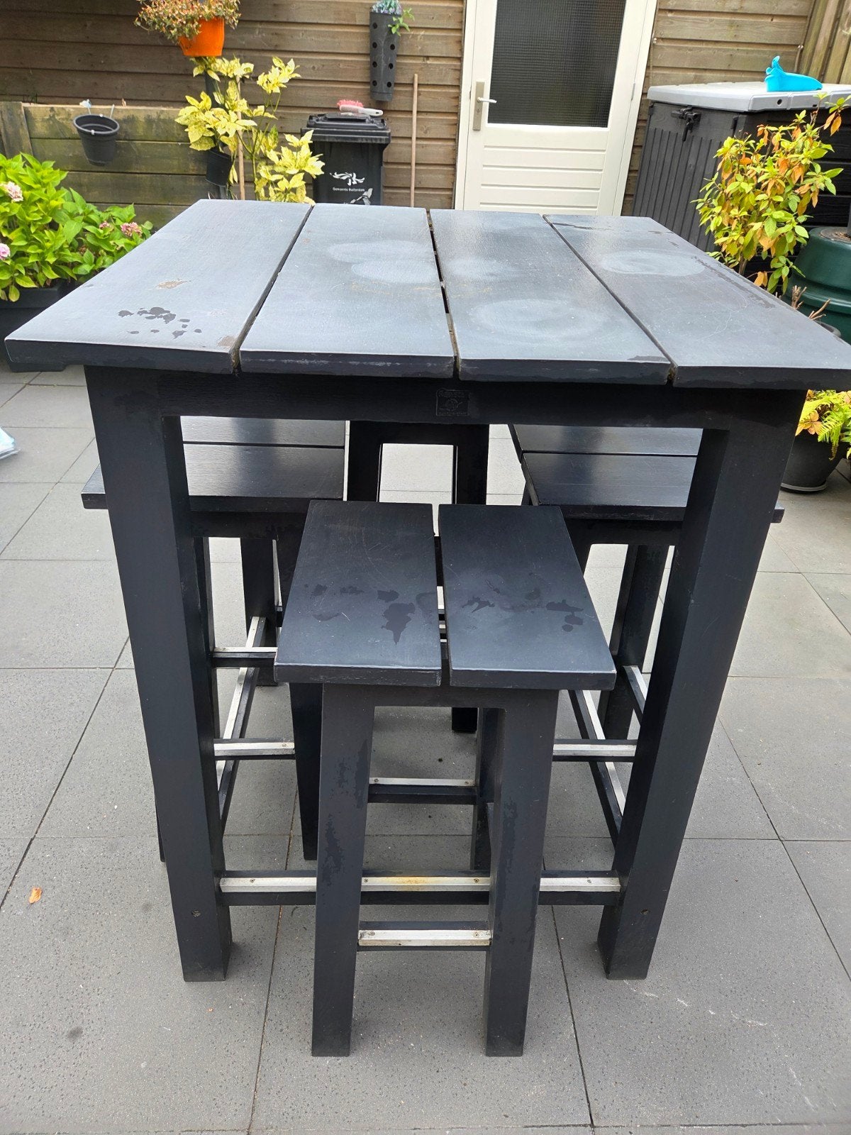 tuin bartafel met 4 krukken, Tuin en Terras, Ophalen, 4 zitplaatsen, Gebruikt, Tuinset